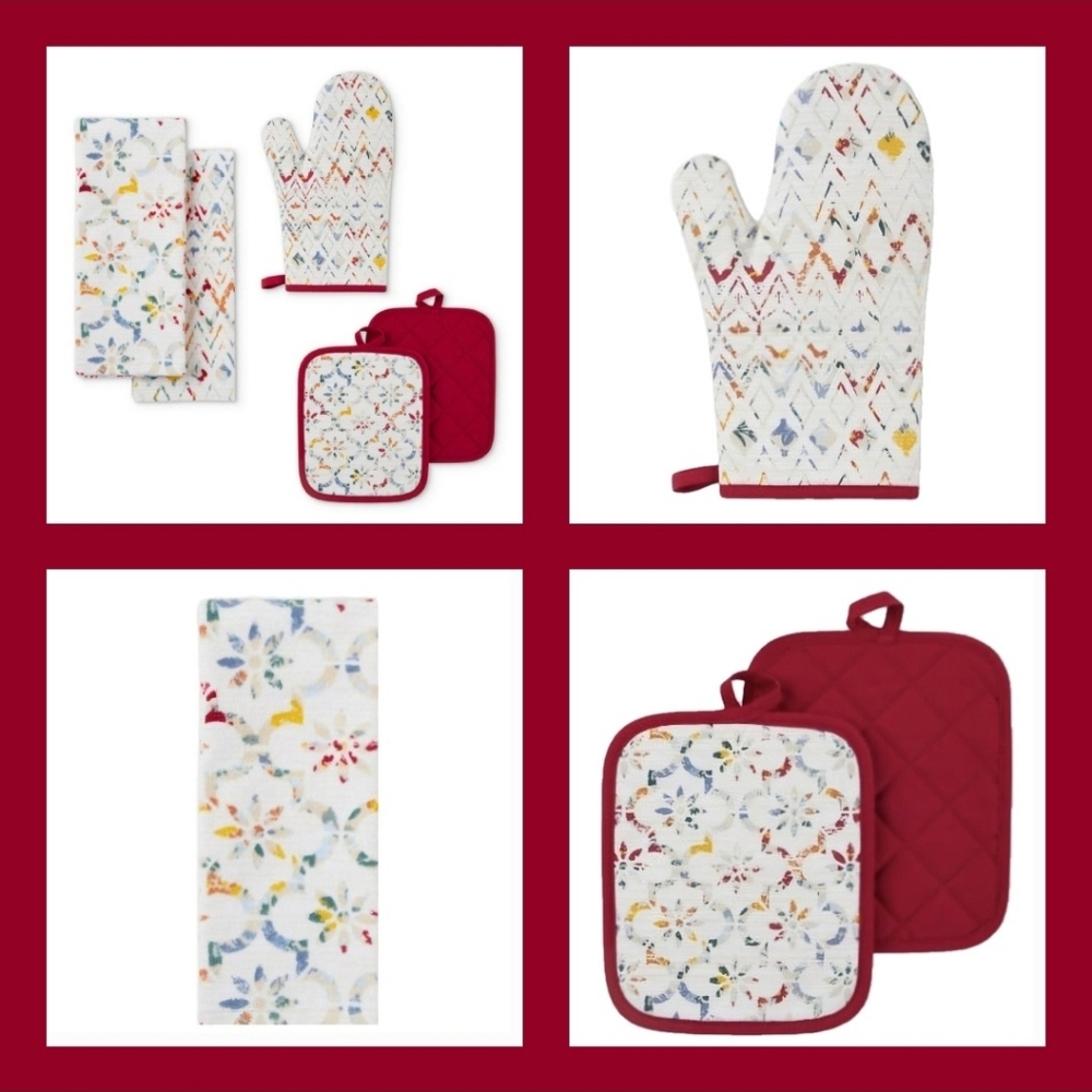 🆕🆕Mainstays Set: Kitchen Towels, Pot Holders & Oven Mitt - 5 Pieces - NEW